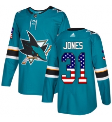 Youth Adidas San Jose Sharks #31 Martin Jones Authentic Teal Green USA Flag Fashion NHL Jersey