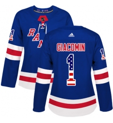 Women's Adidas New York Rangers #1 Eddie Giacomin Authentic Royal Blue USA Flag Fashion NHL Jersey