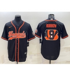 Men's Cincinnati Bengals #9 Joe Burrow Black Team Big Logo With Patch Cool Base Stitched Baseball Jersey