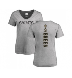 Football Women's New Orleans Saints #9 Drew Brees Ash Backer V-Neck T-Shirt