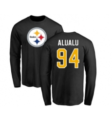 Football Pittsburgh Steelers #94 Tyson Alualu Black Name & Number Logo Long Sleeve T-Shirt