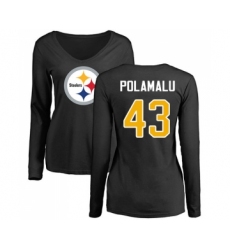 Football Women's Pittsburgh Steelers #43 Troy Polamalu Black Name & Number Logo Slim Fit Long Sleeve T-Shirt