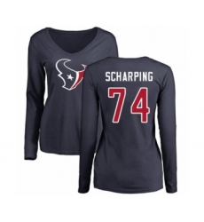 Football Women's Houston Texans #74 Max Scharping Navy Blue Name & Number Logo Long Sleeve T-Shirt