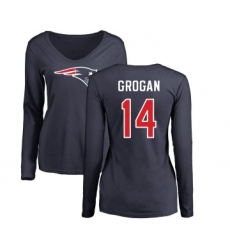 Football Women's New England Patriots #14 Steve Grogan Navy Blue Name & Number Logo Slim Fit Long Sleeve T-Shirt