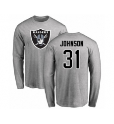 Football Oakland Raiders #31 Isaiah Johnson Ash Name & Number Logo Long Sleeve T-Shirt