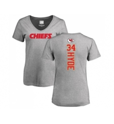 Football Women's Kansas City Chiefs #34 Carlos Hyde Ash Backer V-Neck T-Shirt