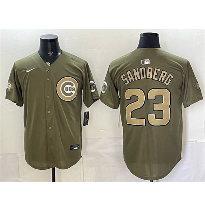 Men's Chicago Cubs #23 Ryne Sandberg Olive 2026 Armed Forces Day Stitched Baseball Jersey