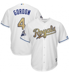 Youth Majestic Kansas City Royals #4 Alex Gordon Authentic White 2015 World Series Champions Gold Program Cool Base MLB Jersey